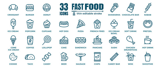 Fast food vector icon line set. Burger sandwich pizza hot dog cola coffee sweets - obrazy, fototapety, plakaty