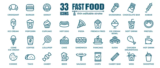 Deurstickers Fast food vector icon line set. Burger sandwich pizza hot dog cola coffee sweets © stockgood