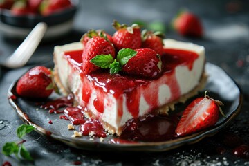 Indulge in a sweet symphony of flavors and textures as you savor a slice of creamy cheesecake adorned with fresh alpine strawberries and a sprig of mint, resting elegantly on a pristine plate
