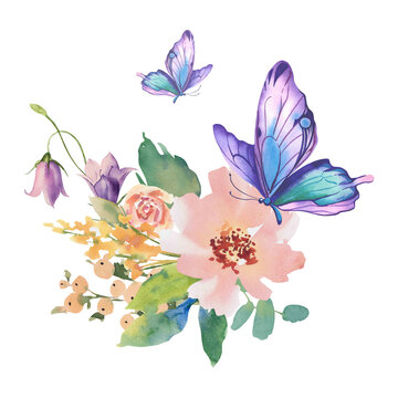 Watercolor spring flowers with butterflies. Bluebell, gerberas, zinnia, wildflowers. Easter. Illustration on a white background. For designers, postcard printing, clipart.