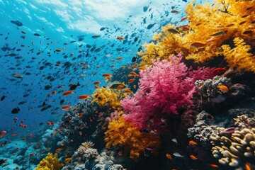 A vibrant ecosystem teeming with diverse marine life, including stony corals and colorful fish, thrives beneath the crystal-clear waters of a magnificent coral reef
