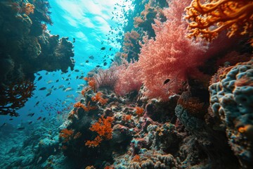 Fototapeta na wymiar Vibrant marine life thrives in the crystal clear waters of this stunning coral reef, with stony corals, colorful fish, and a diverse array of invertebrates creating a captivating underwater ecosystem