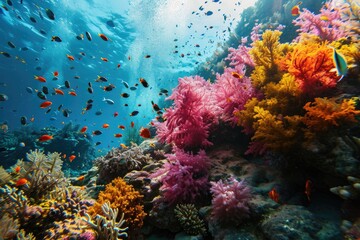 Amidst the colorful stony corals and swaying seaweed, a diverse group of fish explore their vibrant underwater home in a stunning coral reef teeming with life