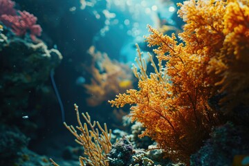 Fototapeta na wymiar Vibrant orange plants and delicate corals thrive in the mysterious depths of the ocean, a mesmerizing world of invertebrates and other underwater organisms