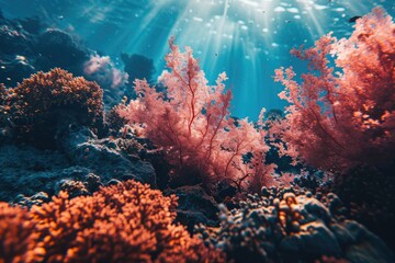 Fototapeta na wymiar An ethereal world of vibrant invertebrates and delicate coral plants thrives in the crystal-clear waters of the sunlit reef