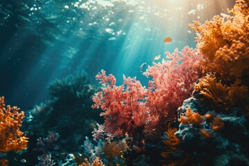 A vibrant and diverse underwater world teeming with life, as colorful fish and intricate corals thrive in the tranquil waters of a stunning coral reef