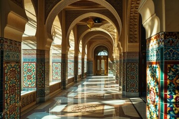 An intricately designed mosque hallway, adorned with symmetrical arches and columns, leads to a door displaying beautiful tile art inside a grand building