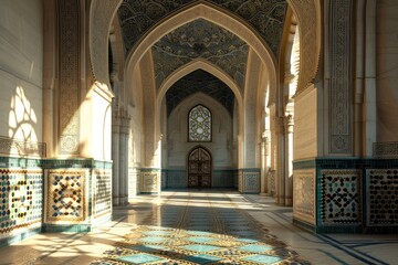 Obraz premium An elegant arcade of blue-tiled arches and intricate vaulted ceilings, reminiscent of a mosque or church, evoking a sense of symmetry and art within the grand indoor space