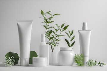 Natural beauty meets practicality in a serene scene of toiletry-filled vases adorned with vibrant green leaves, perfect for nourishing your skin and bringing the outdoors in