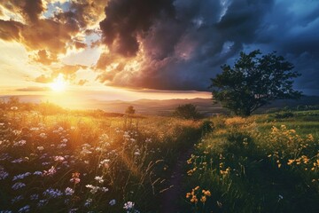 As the sun sets on the horizon, a vast field of colorful flowers and towering trees basks in the...
