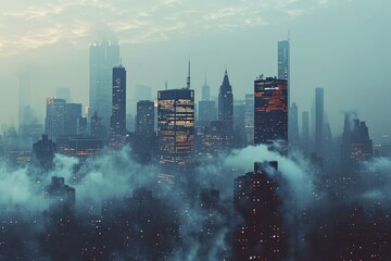 A sprawling metropolis emerges from the haze, its towering buildings and endless skyline casting a shadow over the bustling cityscape below