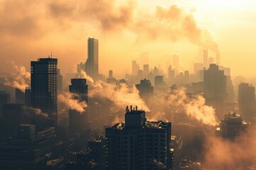 As the sun sets over the metropolis, the towering skyscrapers cast a shadow against the hazy sky, a stark reminder of the city's pollution and bustling energy