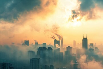 As the sun rises over the metropolis, a thick fog blankets the towering buildings, creating a hauntingly beautiful cityscape filled with a sense of mystery and anticipation - obrazy, fototapety, plakaty
