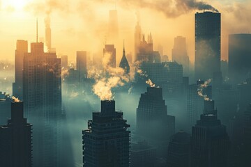 As the sun sets over the metropolitan area, the towering skyscrapers are shrouded in a thick fog, giving the cityscape a hauntingly beautiful quality as smoke billows from a tower block