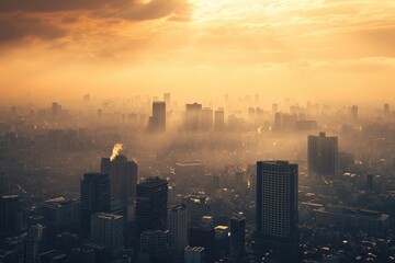 A bustling metropolis shrouded in a thick fog, with the sun's rays breaking through the clouds and casting a golden glow on the towering skyscrapers and cityscape below