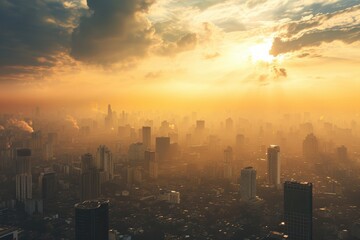 Fototapeta premium A majestic metropolis stands tall, shrouded in a blanket of fog, as the sun sets behind its towering skyscrapers