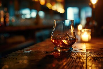 A solitary glass of whiskey rests on a worn wooden bar, illuminated by the soft glow of outdoor lights, inviting the viewer to indulge in the crisp and refreshing taste of a chilled alcoholic beverag - obrazy, fototapety, plakaty