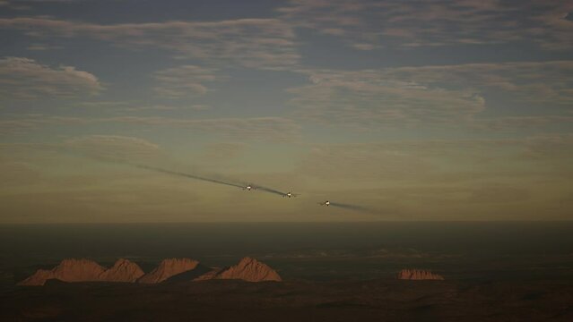 Military Airplanes Flying Above The Battlefield At Sunset. War Concept
