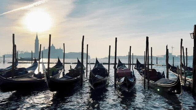 Parking gandolas on the Doge's palace embankment