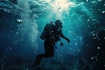 A daring aquanaut navigates the depths, adorned in diving equipment and guided by their divemaster, as they explore the mesmerizing world beneath the water's surface