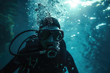 Immersed in the depths, a skilled divemaster navigates through the mysterious underwater world, equipped with scuba gear and a determination to explore the unknown - obrazy, fototapety, plakaty