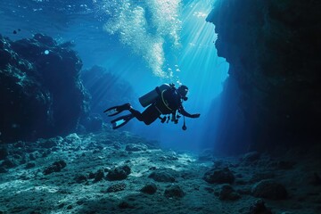 Exploring the vibrant underwater world, a skilled scuba diver glides gracefully through the crystal-clear water, equipped with their oxygen mask and finswimming gear, guided by a divemaster as they d - obrazy, fototapety, plakaty