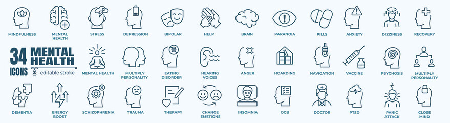 Mental health icon set. Containing depression, bipolar, PTSD, panic and mind disorder icons. Psychology solid symbol vector illustration.