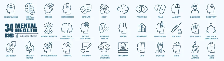 Foto op Plexiglas Mental health icon set. Containing depression, bipolar, PTSD, panic and mind disorder icons. Psychology solid symbol vector illustration. © stockgood