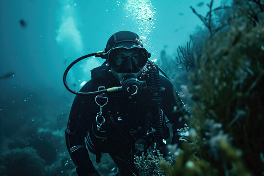 A brave aquanaut explores the vibrant marine life of a coral reef while wearing essential scuba diving equipment, guided by a knowledgeable divemaster and equipped with an oxygen mask, buoyancy compe