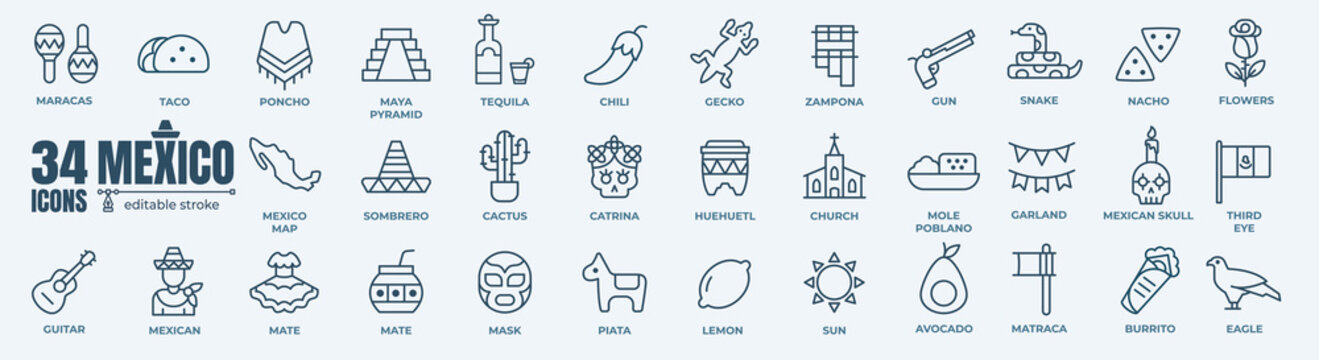 Collection of mexico thin line icon set such as pack of simple chichen itza pyramid, mole poblano, mexican hat, tequila and agave