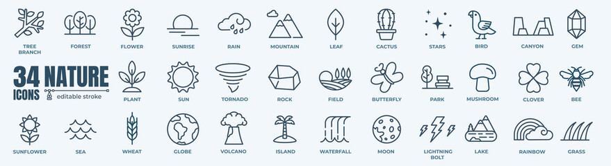 Nature minimal icon set. Outline editable icon of sun,sea,forest and mountain collection. Simple vector illustration. - obrazy, fototapety, plakaty