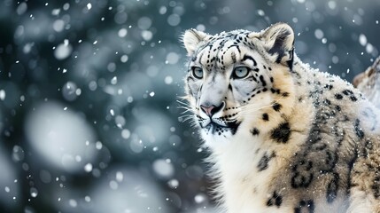 Obraz premium Snow Leopard Looking In The Distance On A Snowing Day. (Generative AI).