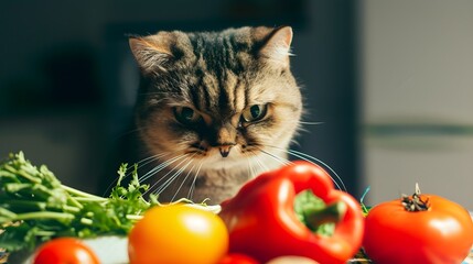 Upset Cat Looking At Vegetables (Generative AI).