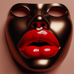 Women's mask with enlarged red lips. Symbol of cosmetologically procedures.