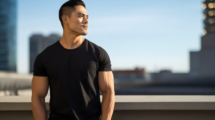 Fototapeta premium Black T-Shirt Male Muscular Model Posing. (Generative AI).