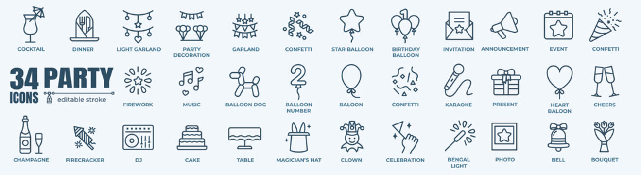 Party and event minimal thin line web icon set. Outline editable icons collection. Simple vector illustration.v