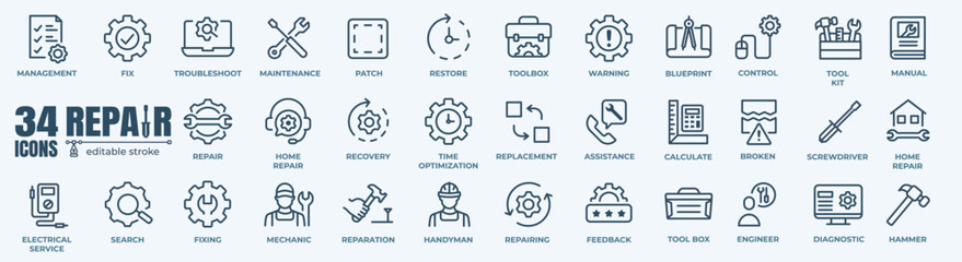 Set of Repair Related Vector Line Icons. Contains such Icons as Gear, Screwdriver, Engineer, Tech Support and more.