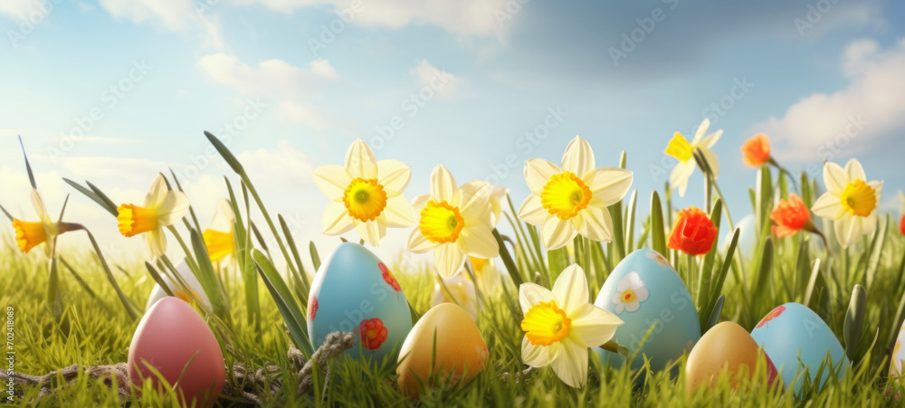 Wall mural Easter eggs on green grass with yellow daffodils on a sunny spring day