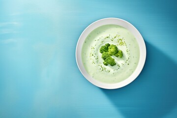 Green broccoli cream soup in plate. Flat lay - obrazy, fototapety, plakaty