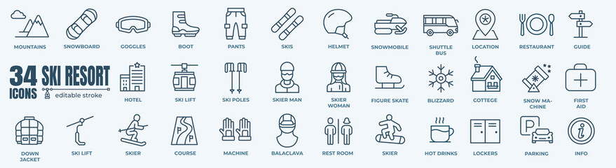 Ski resort line icons collection. Editable line pictogram of ski area and winter sport.