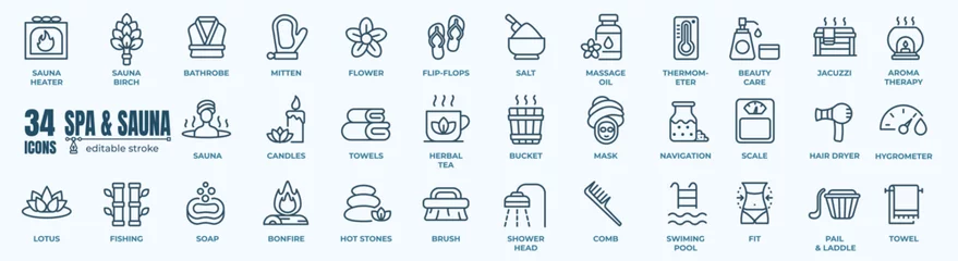 Poster Spa and sauna Related Vector Icon. Contains such Icons as Massage, Candle, Sauna and more. Editable Stroke. © stockgood