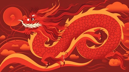 Chinese dragon on red background, flat modern art style. Elegant greetings card design