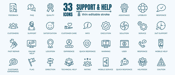 Help and Support Vector Icon. Contains thin Icons as FAQ, Customer Service, Responce and Helpdesk. Editable Stroke. 48x48 Pixel Perfect - obrazy, fototapety, plakaty