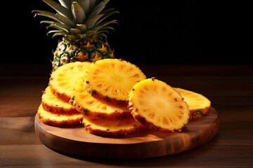 Ripe sliced pineapples on wooden background