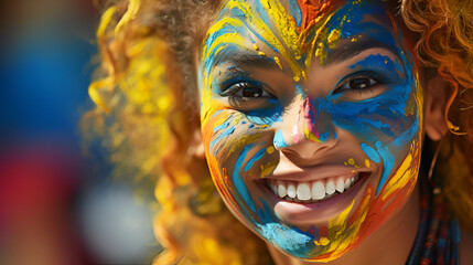 Woman's face artfully painted in celebration of Holi's vibrancy. This image is excellent for promoting cultural festivals like Holi, in travel and cultural publications