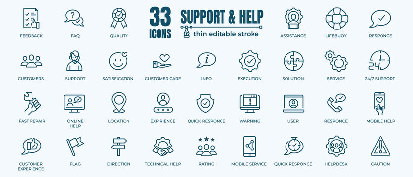 Help And Support Vector Icon. Contains Thin Icons As FAQ, Customer Service, Responce And Helpdesk. Editable Stroke. 48x48 Pixel Perfect