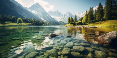 The tranquil alpine lake, surrounded by majestic mountains, offers a picturesque and idyllic destination for nature lovers. - obrazy, fototapety, plakaty