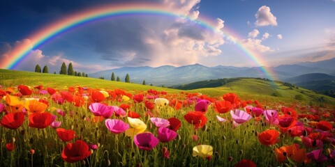 A bright colorful open air tulip meadow with a rainbow showing the beauty of blooming flowers and fresh greenery.