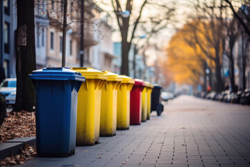 Color-coded bins for efficient waste separation, promoting environmental friendliness and responsibility. - obrazy, fototapety, plakaty