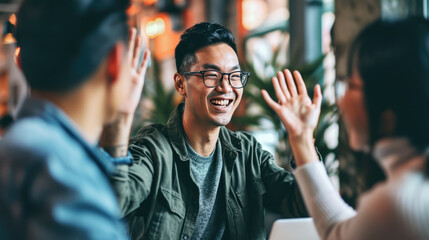 Fototapeta premium Businessman smiling and giving a high-five to a person whose back is facing the camera